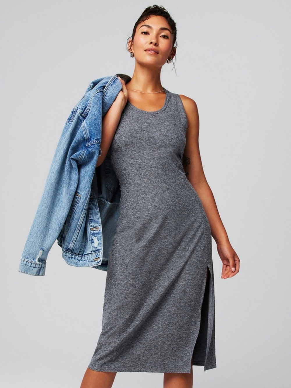 Fabletics Charcoal Grey Heather Cloud Jersey Midi Dress